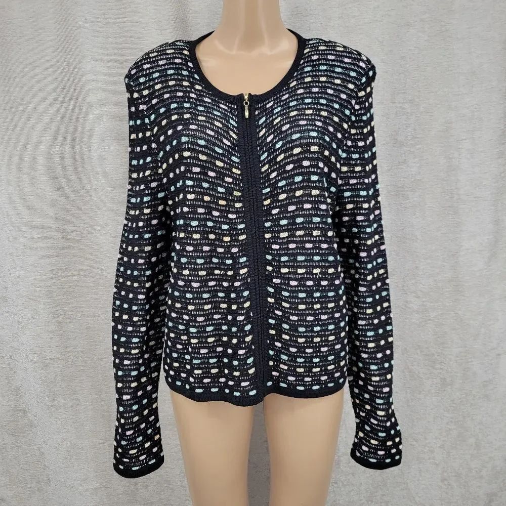 St. John Black with Pastel Multicolor Knit Cardigan Blazer Jacket